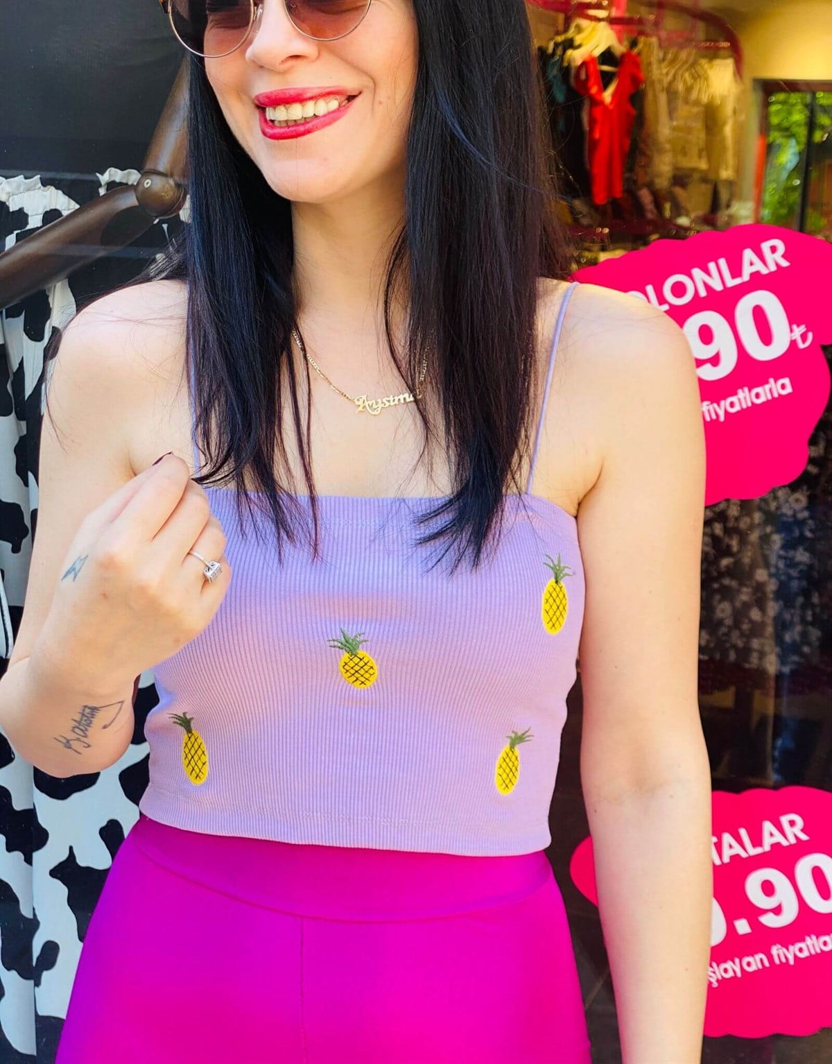 Ananas Nakış İşlemeli Lila Crop Top