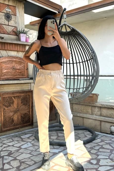 Düğmeli Beli Lastikli Atlas Kumaş Pantolon Krem