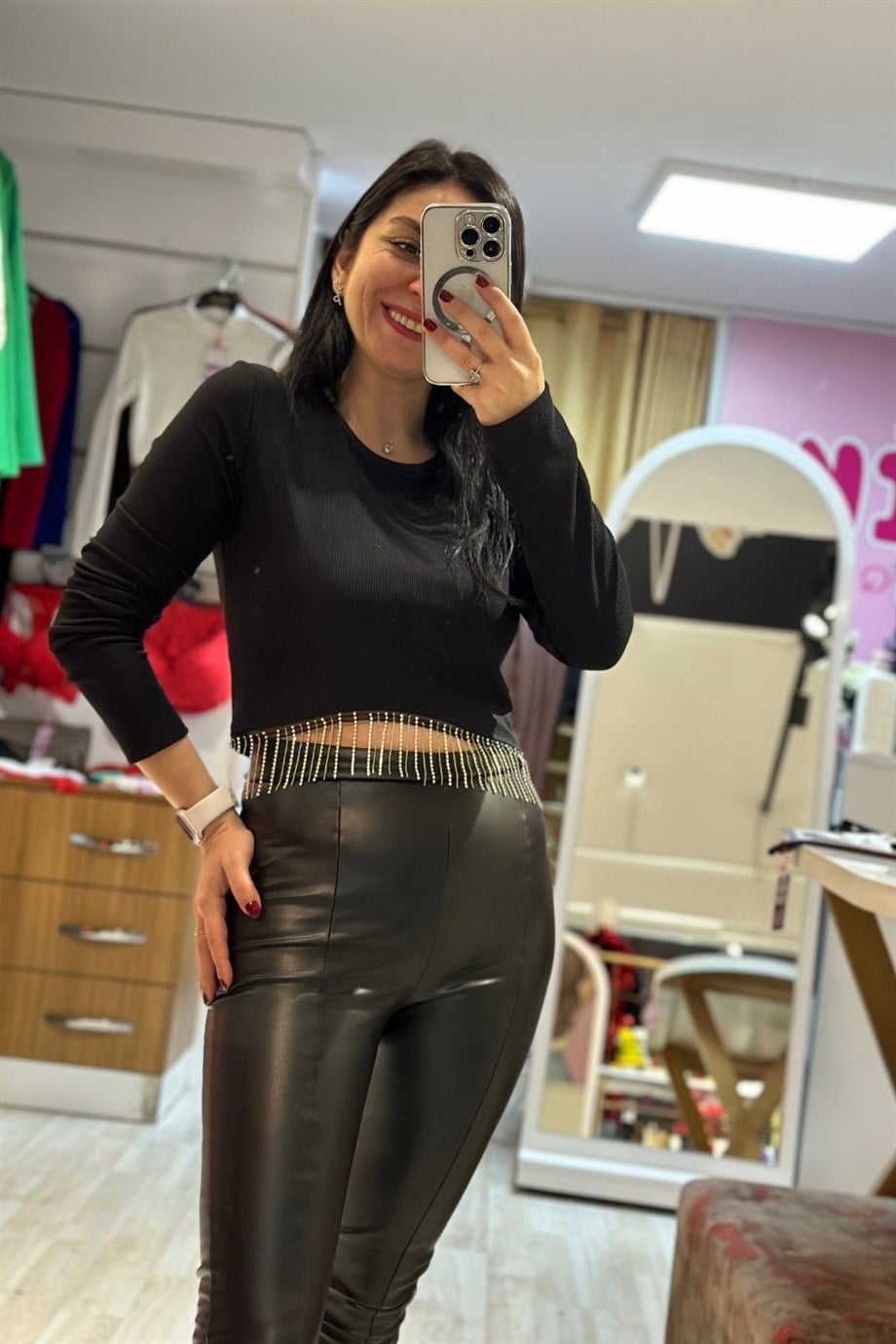 Bisiklet Yaka Fitilli Uzun Kol Etek Taş Püskül Crop Bluz Siyah