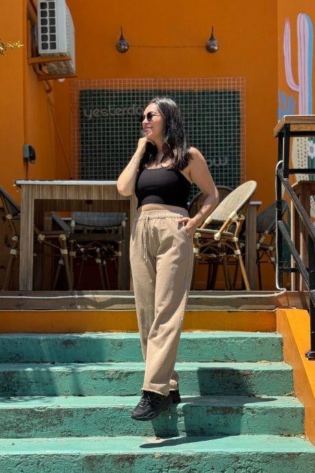 Bel İp Ve Lastik Detaylı Gabardin Pantolon Camel