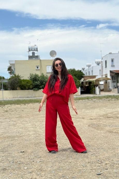 Gömlek Pantolon Keten Takım Panotolon Bel Lastikli Kırmızı