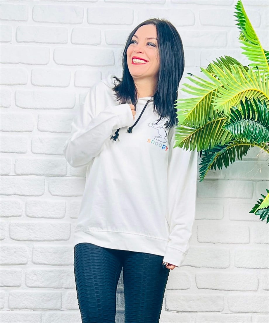 Beyaz Kapüşonlu Snoopy Baskılı Sweatshirt 