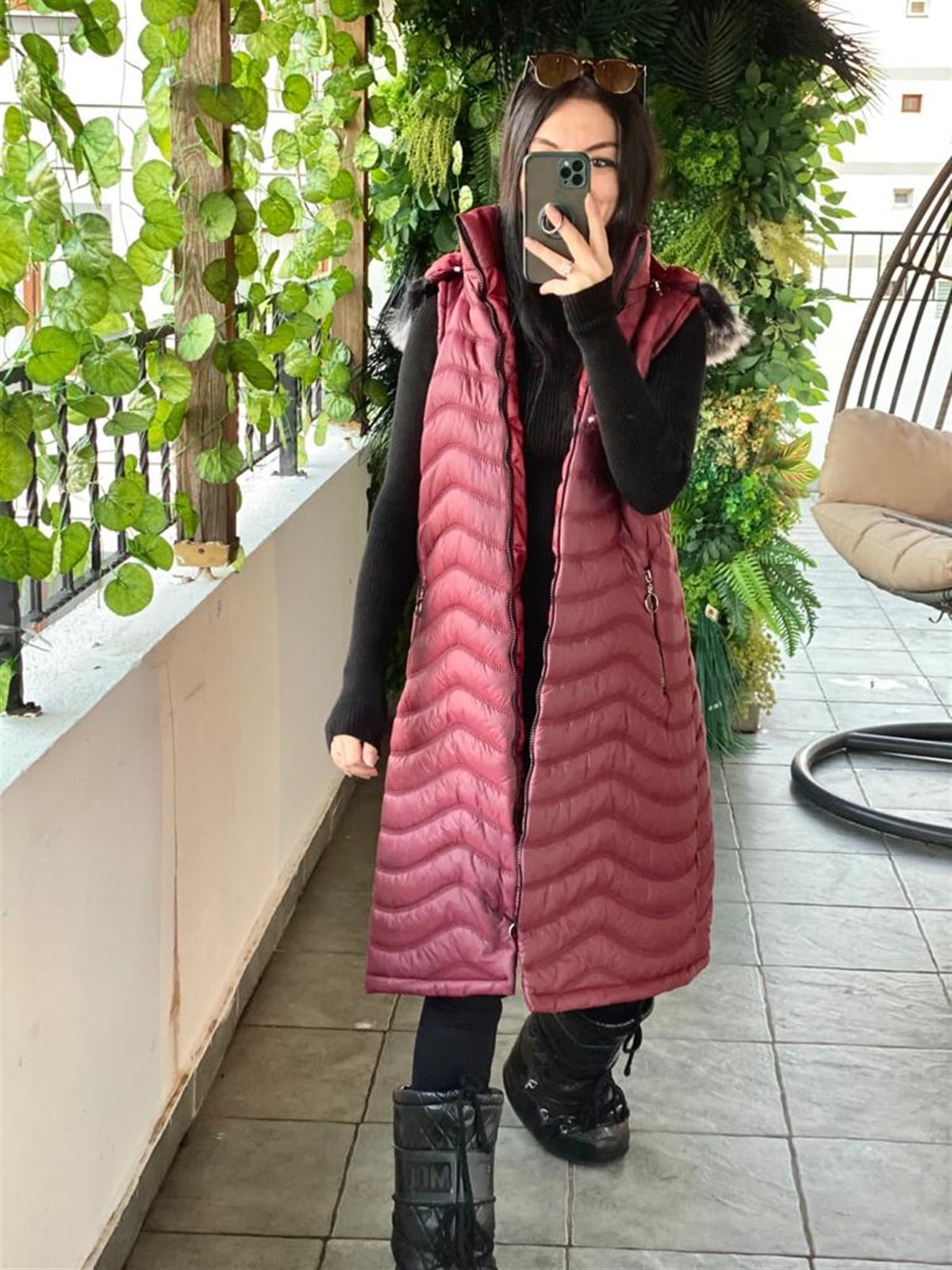 Bordo Renkli Büyük Beden Seçenekli Midiboy Kapişonlu Şişme Yelek