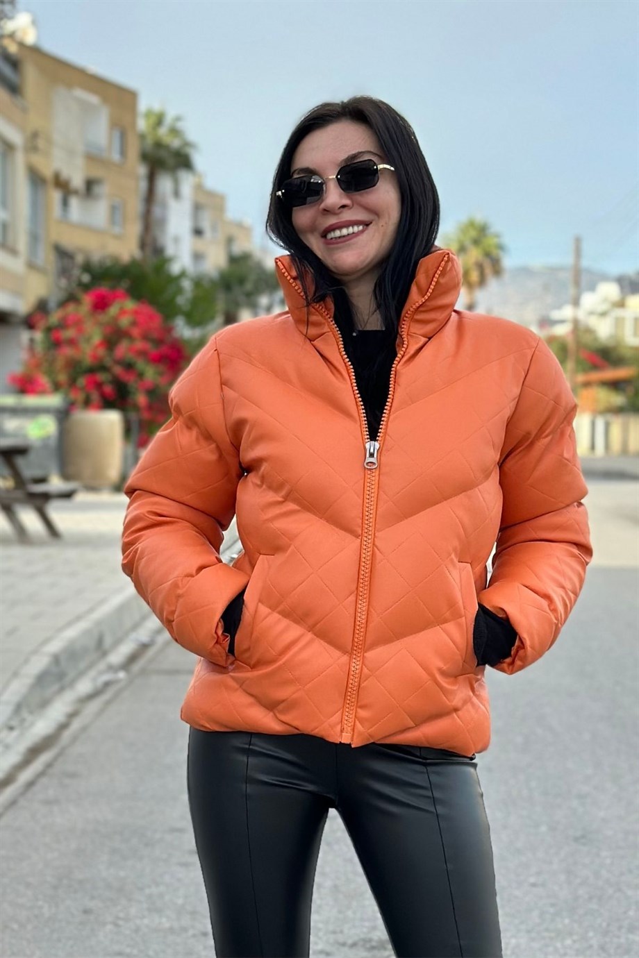 Dik Yaka Cepli Kısa Deri Mont Turuncu