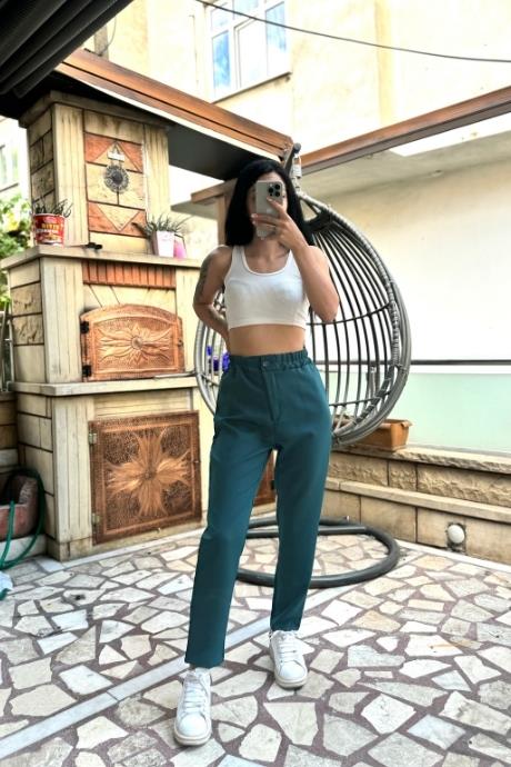  Düğmeli Beli Lastikli Atlas Kumaş Pantolon Zümrüt