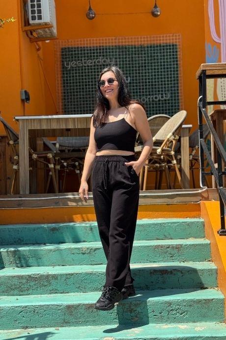 Bel İp Ve Lastik Detaylı Gabardin Pantolon Siyah