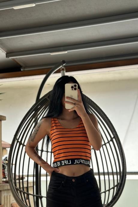 Çizgili Beli Lastikli Crop Turuncu