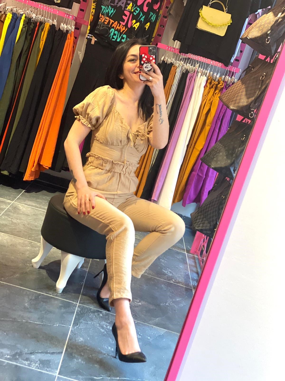 Camel Rengi Tasarım Keten Takım