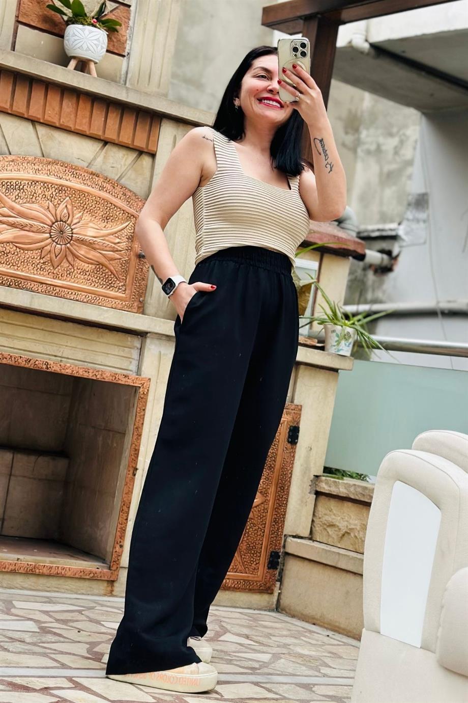Beli Lastikli Bol Paça Keten Pantolon SİYAH