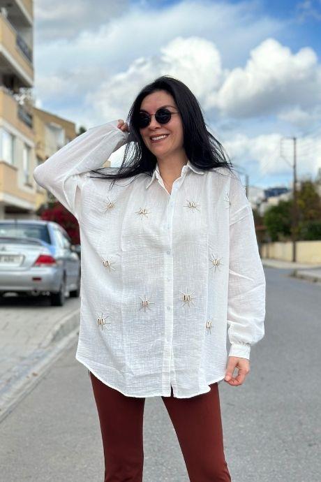 Pamuklu Keten Deniz Kabuğu Detaylı  Rahat  Kalıp Gömlek EKRU