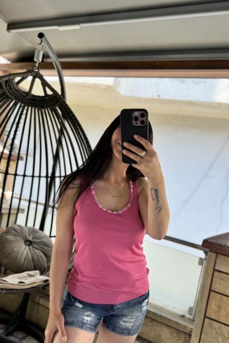 Kalın Askılı Taş Ve İnci Süslemeli Kaşkorse Bluz FUŞYA