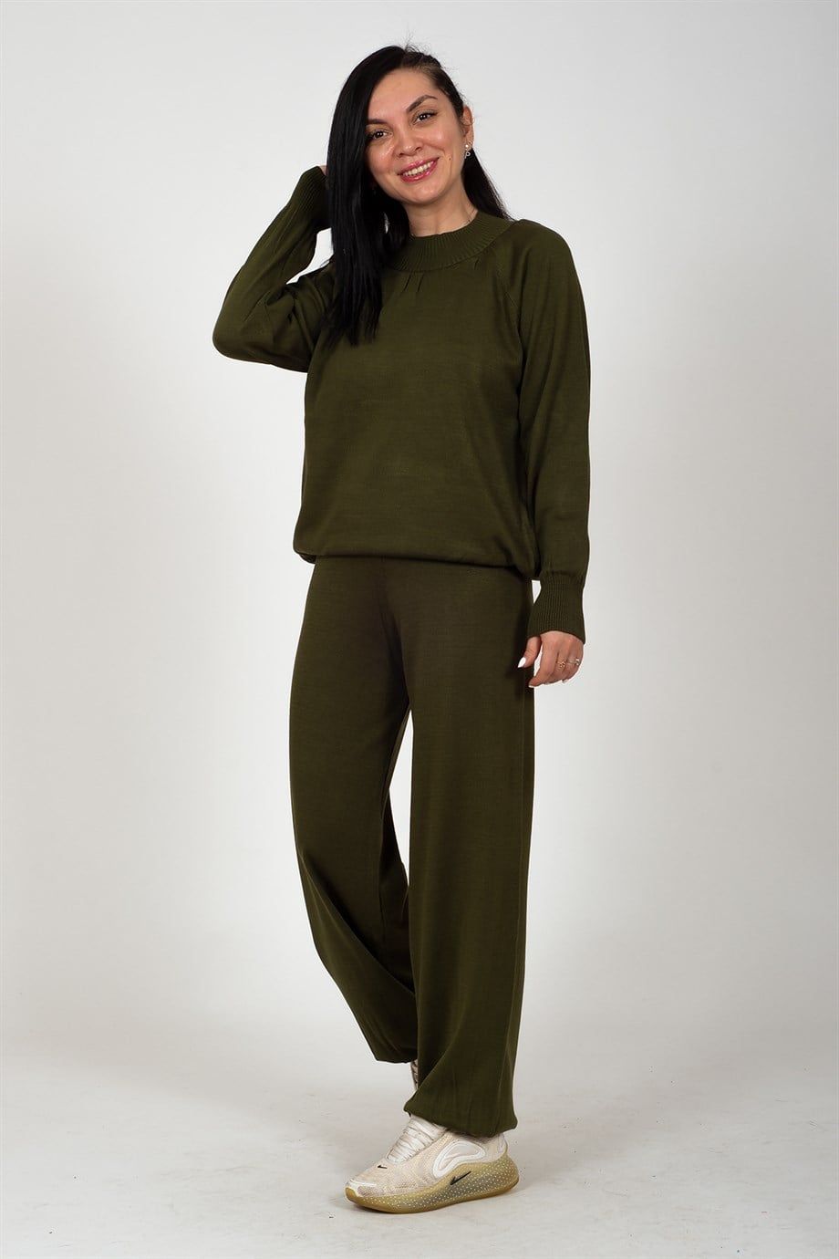 Haki Dik Yaka Pamuklu Şalvar Paça Triko 2li Takım