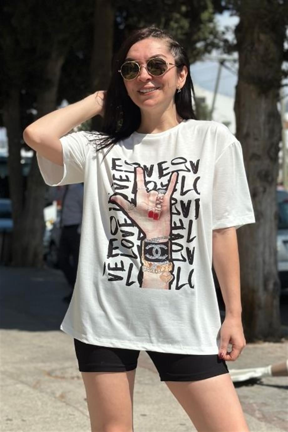 Taşlı Yüzüklü Baskılı T-shırt BEYAZ