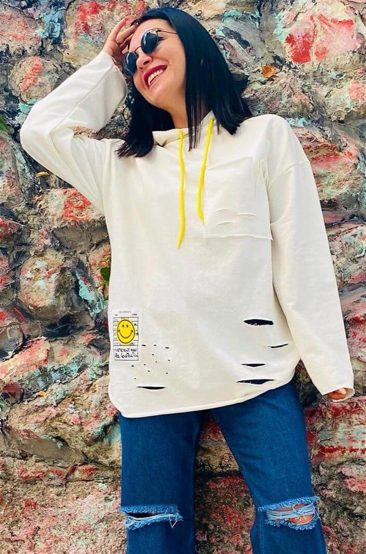 Ekru Kapişonlu Yırtık Detaylı Tunik Sweat