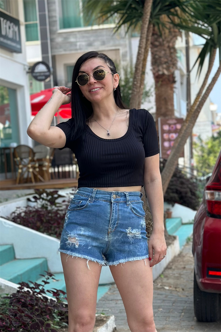 Kayık Yaka Fitilli Crop Bluz SİYAH