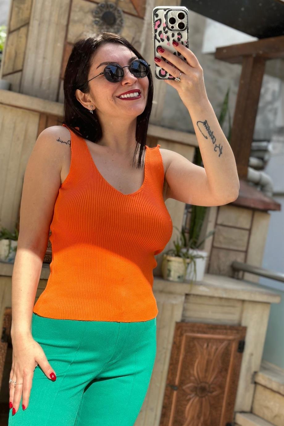 V Yaka Triko Bluz TURUNCU