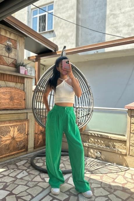 Düğme Detaylı Bol Paça Pantolon Yeşil