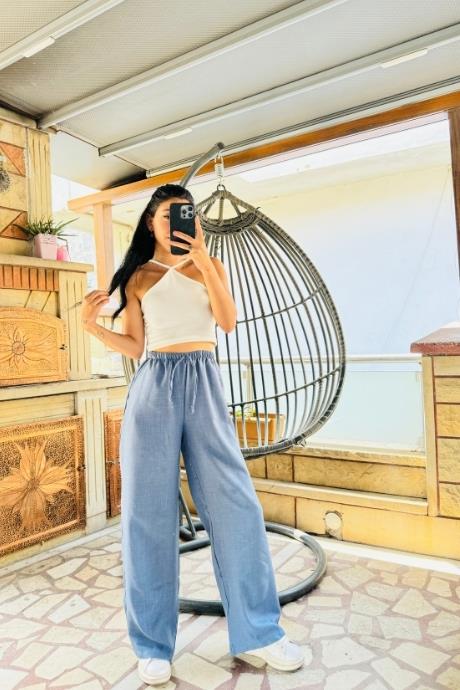 Bel İp Detaylı Lastikli Bol Paça Keten Pantolon buz Mavi