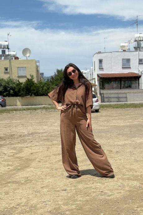Gömlek Pantolon Keten Takım Panotolon Bel Lastikli Kahverengi