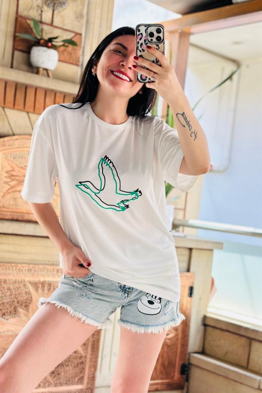 Bisiklet Yaka İki İçi Boş Kuş Baskılı Tshirt ZÜMRÜT YEŞİL
