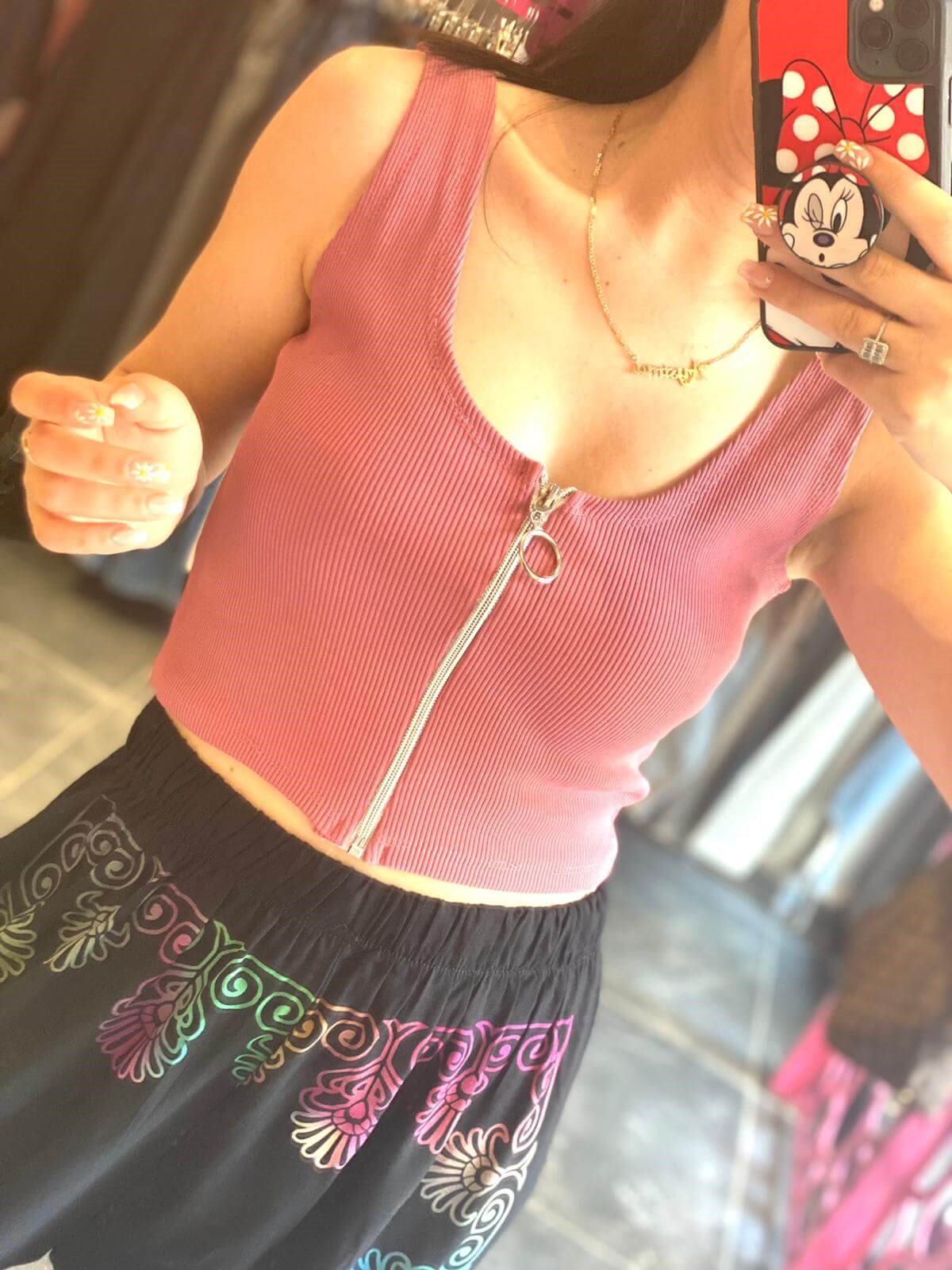 Fermuarlı Gül Rengi Kaşkorse Crop Top