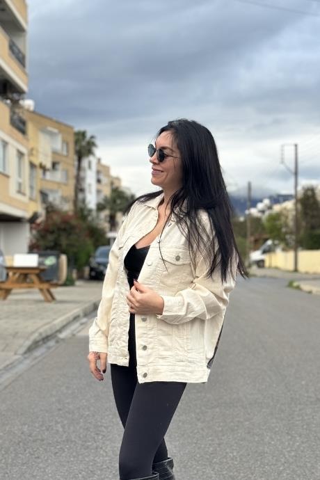 Ön Cep Detaylı Arkası Resimli Kot Ceket BEJ