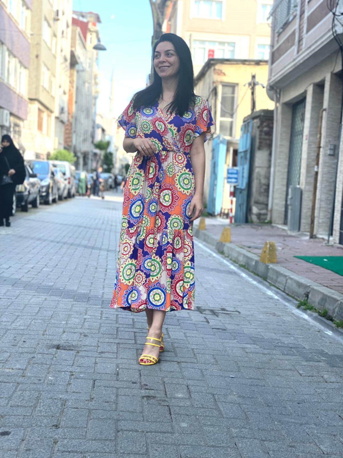 Kruvaze ,Yaka Renkli Viscon Elbise