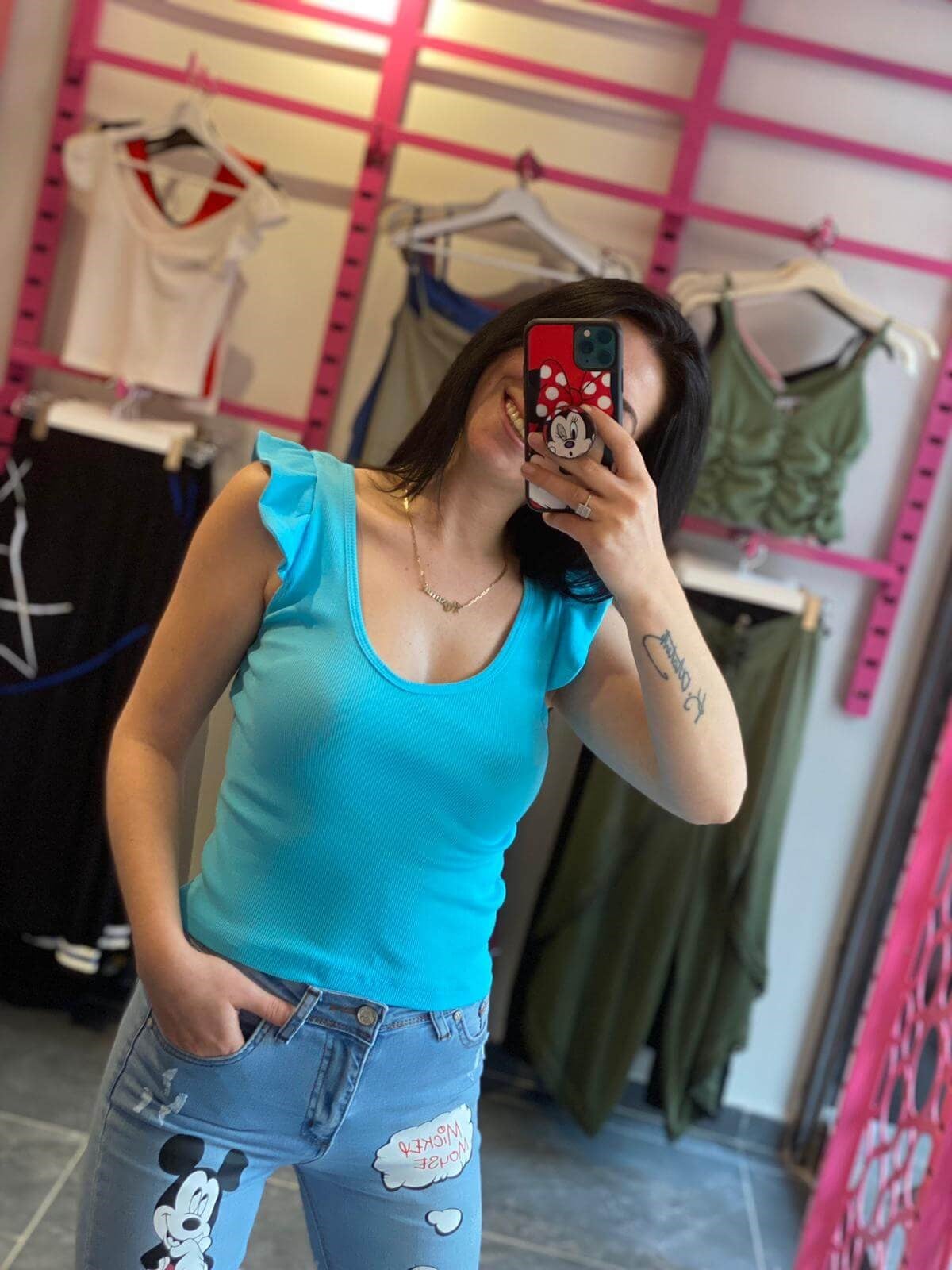 Omuz Fırfır Detaylı Bebe Mavisi Crop Top