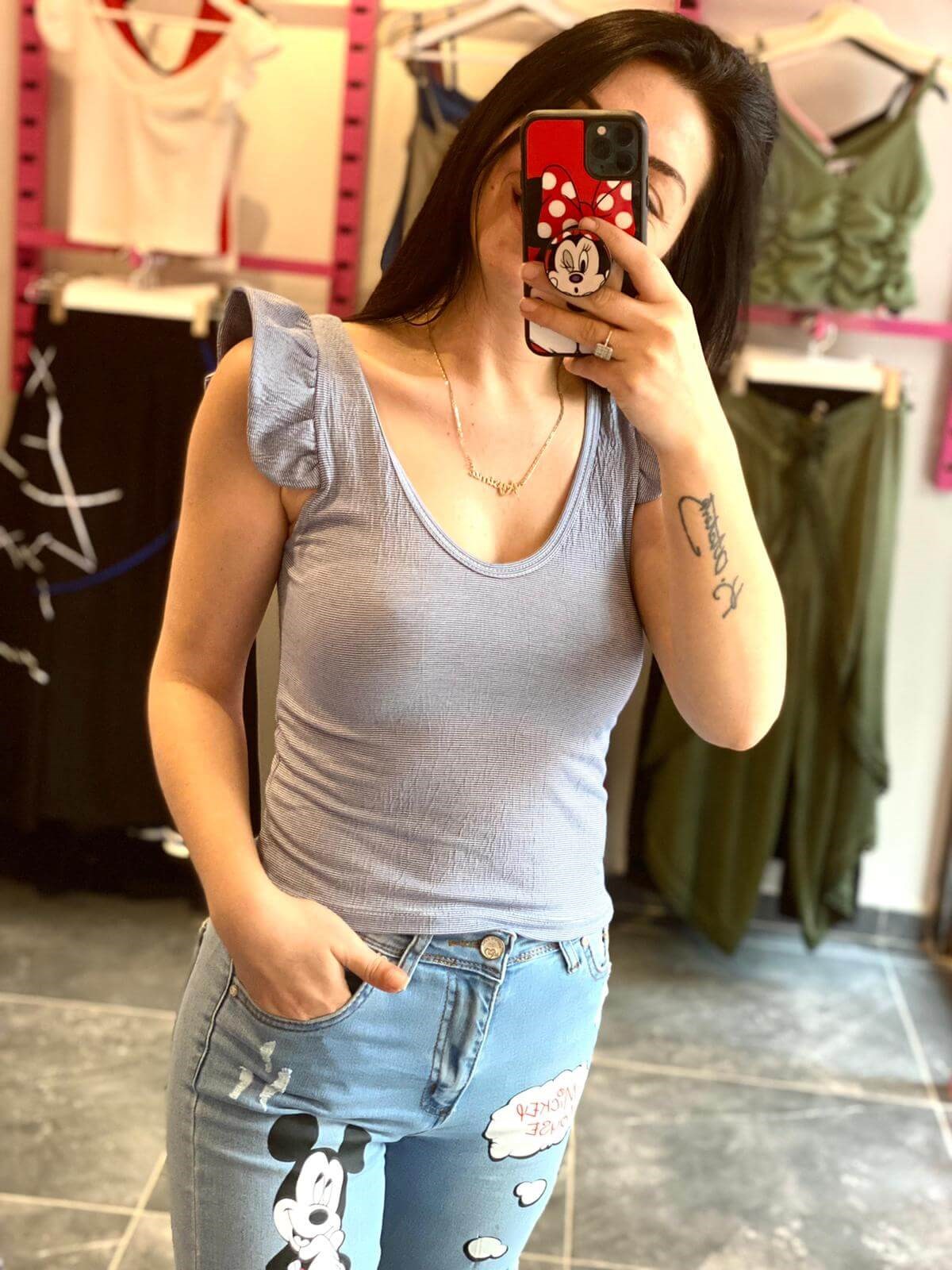Omuz Fırfır Detaylı Mavi Çizgili Crop Top