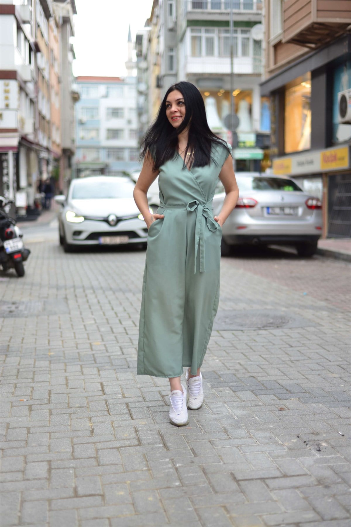 Omuzları Vadkalı Mint Pamuklu Keten Tulum