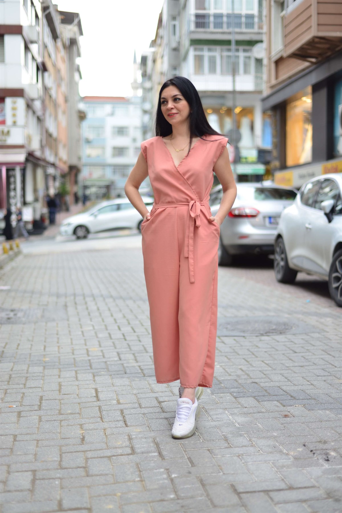 Omuzları Vadkalı Somon Rengi Pamuklu Keten Tulum