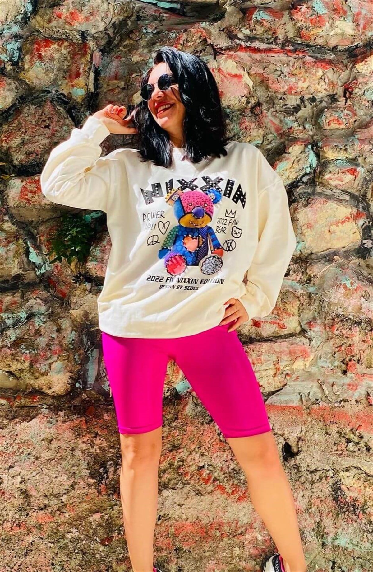 Taş Detaylı 3 Boyurtlu Ayıcıklı Ekru Tunik Sweatshirt