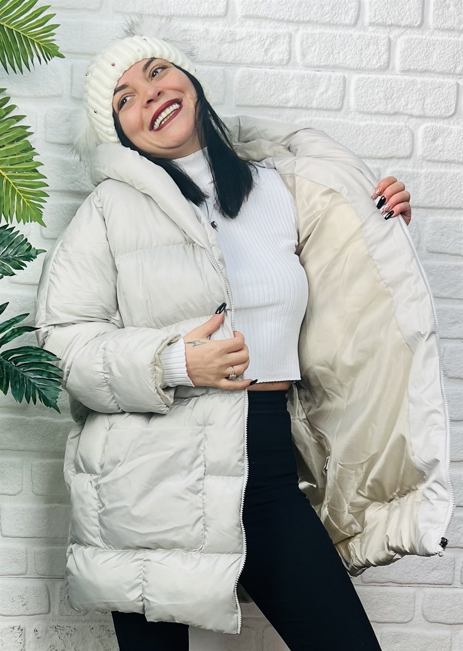 Taş Kapüşonlu Yarasa Kol Oversize Şişme Mont