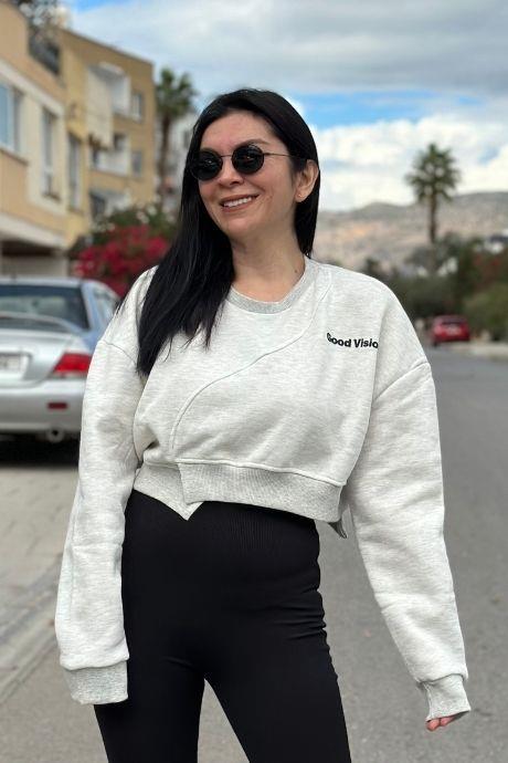 Good Vision Yazı Baskılı Bel Lastikli Crop Model Sweatshirt TAŞ