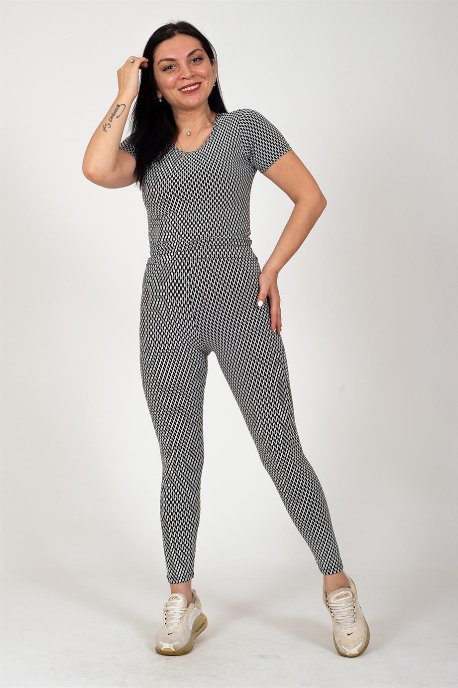 Siyah Minik Kare Desenli Bluz Tayt Brezilya Takım