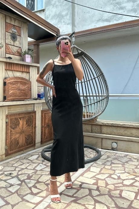 İnce Askılı Basic Elbise Siyah
