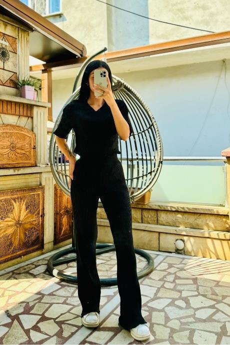 V Yaka Crop Rahat Pantolon Fitilli Kumaş Triko Takım Siyah