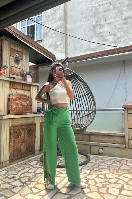 Bel Yandan Bağlama Detaylı Efil Pantolon Yeşil