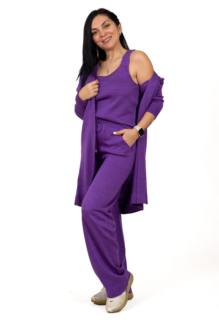 Mor Beli Lastik Bağcıklı Crop Hırka Palazzo Pantolon 3'lü Triko Takım