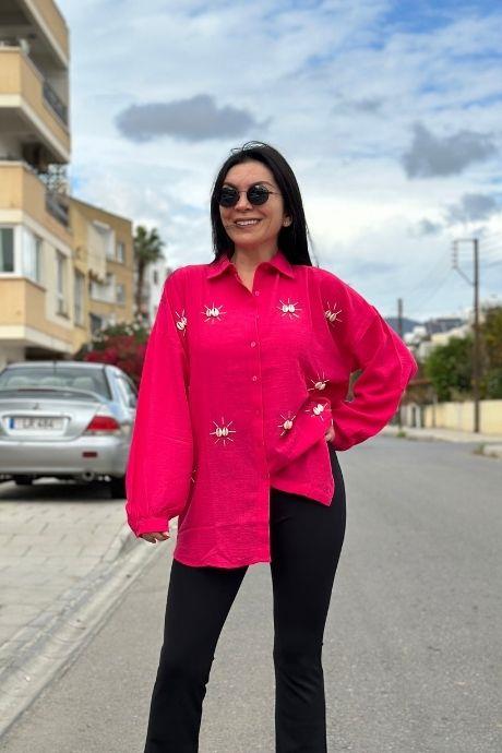 Pamuklu Keten Deniz Kabuğu Detaylı  Rahat  Kalıp Gömlek FUŞYA