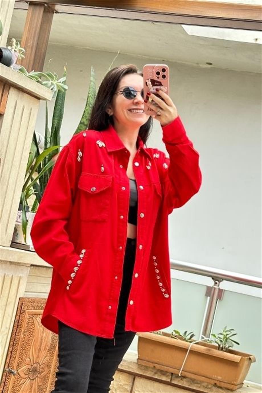 Deniz Kabuğu Ve Taş İşleme Detaylı Gabardin Gömlek KIRMIZI