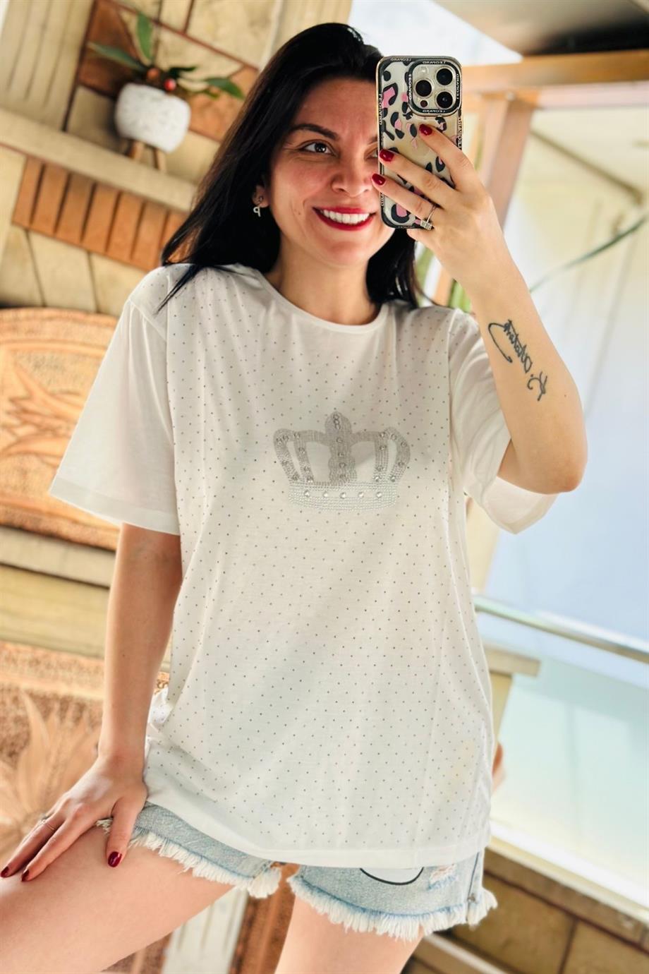 Bisiklet Yaka Ful Taşlı Taçlı Tshirt EKRU