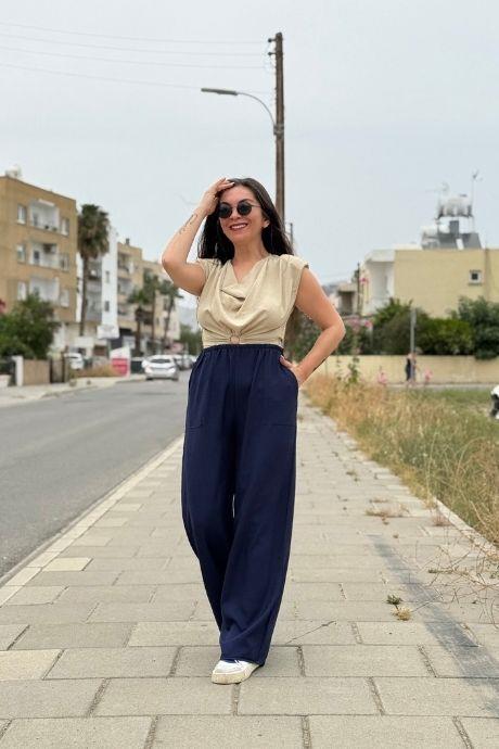 Bel Lastik Detaylı Keten Kumaş Palazzo Pantolon Lacivert