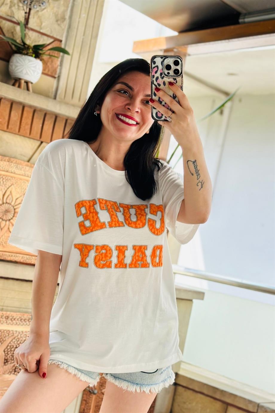 Bisiklet Yaka Sim Yazı Kabartma Baskılı Tshirt TURUNCU