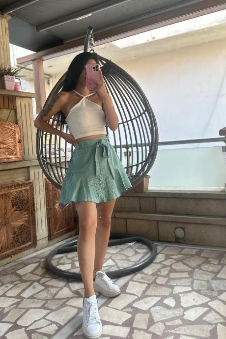Bel Kemer Detaylı Şort Etek Mavi