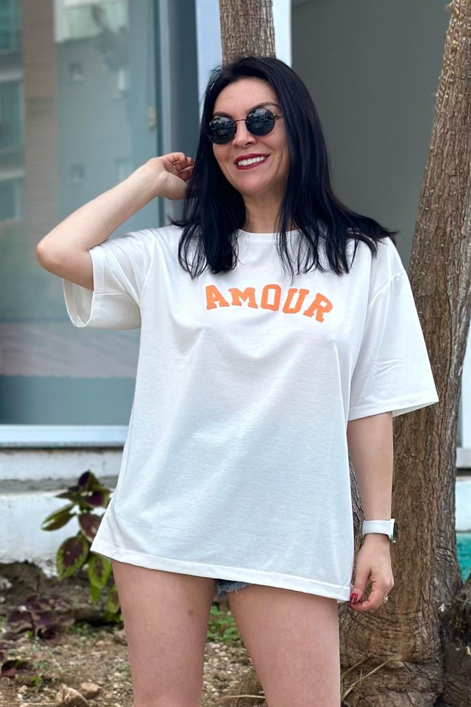 Bisiklet Yaka Amor Yazı Baskılı Tshirt TURUNCU
