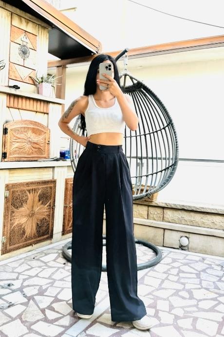 Bel Düğme Detaylı Bol Paça Pantolon Siyah