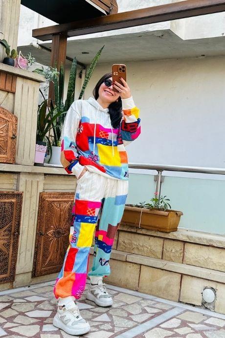 Örgü Desen Dijital Baskılı İnce Şardonlu Eşofman Takım EKRU