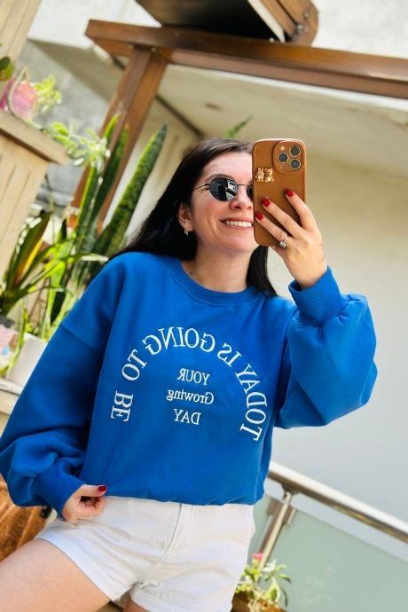 Balon Kol Bisiklet Yaka Rahat Kalıp Nakışlı Yazı Detaylı Sweatshirt MAVİ
