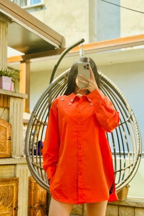 Yaka İncl İşlemeli Beli Lastikli Gömlek Turuncu